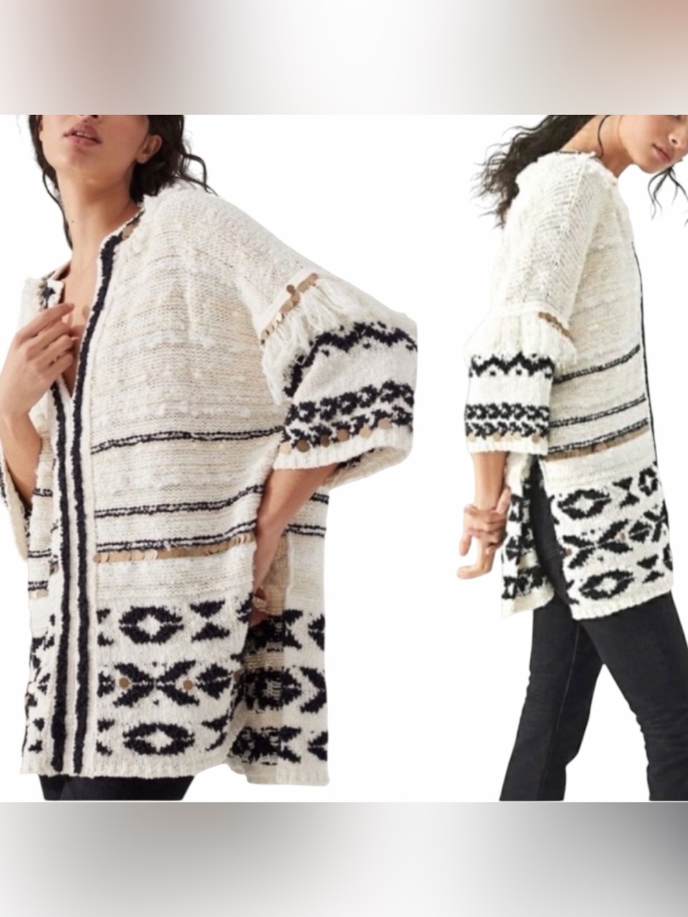 Anthropologie Margot Fringed Cream & Black Oversized Poncho‎ Sweater M/L